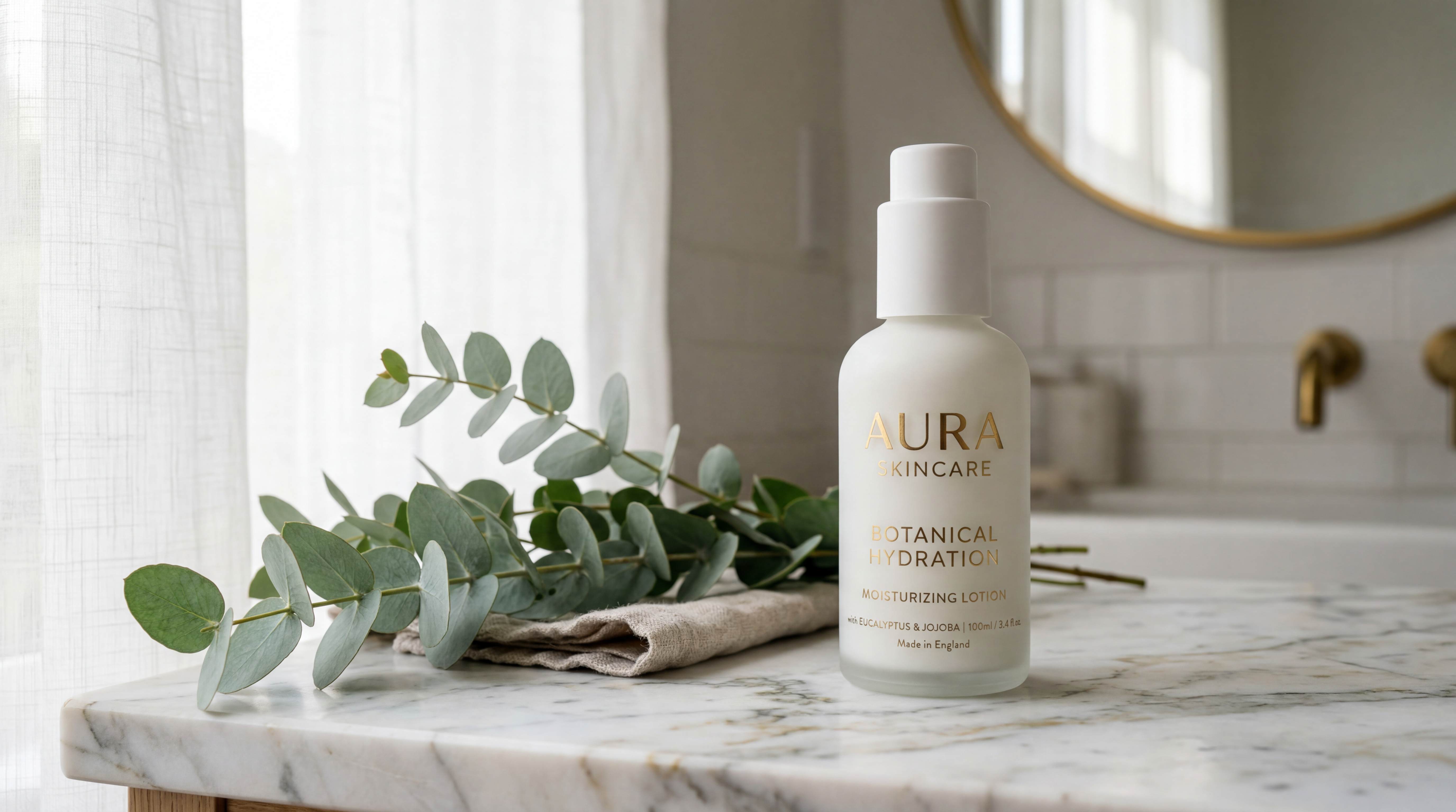 Minimalist white moisturizer bottle on a marble bathroom countertop
