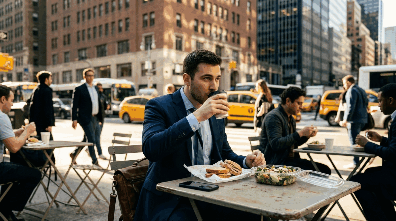 A businessman in a suit drinking coffee at an outdoor city cafe during lunch