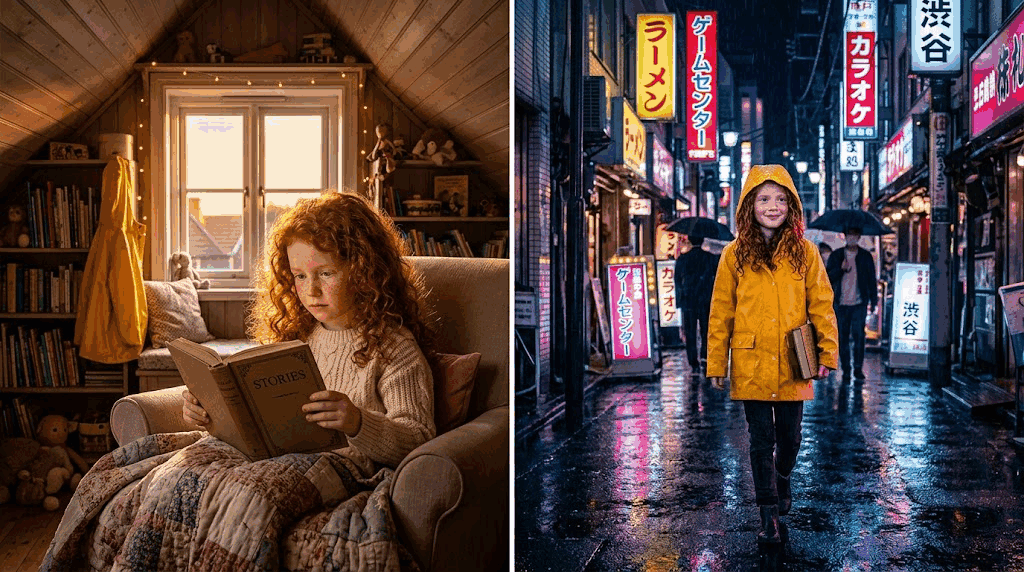 A young girl with red curly hair in a yellow raincoat, shown in two scenes: reading in an attic and walking a rainy Tokyo alley