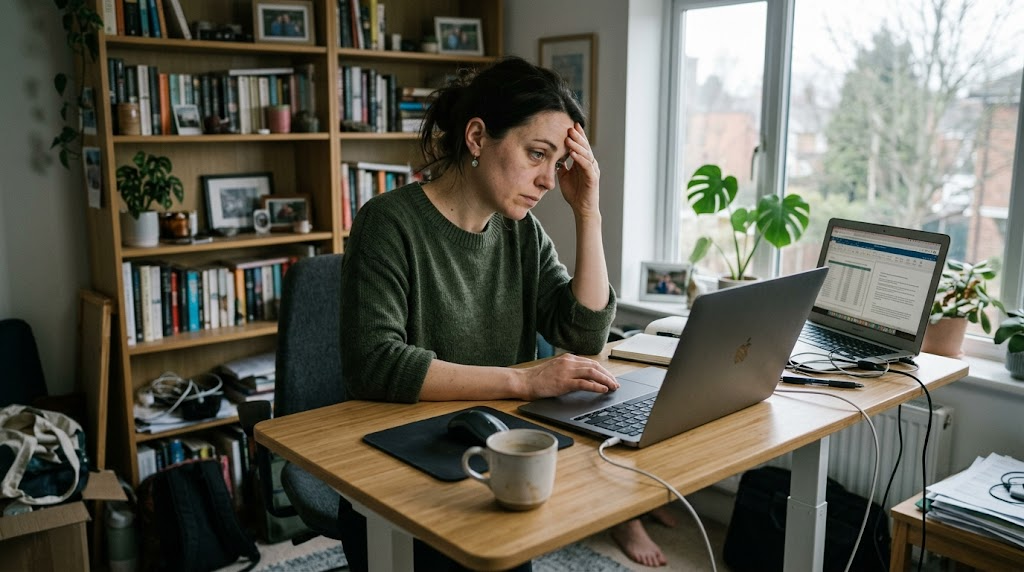 A woman in her 30s at a standing desk in a home office, looking at her laptop with tired focus