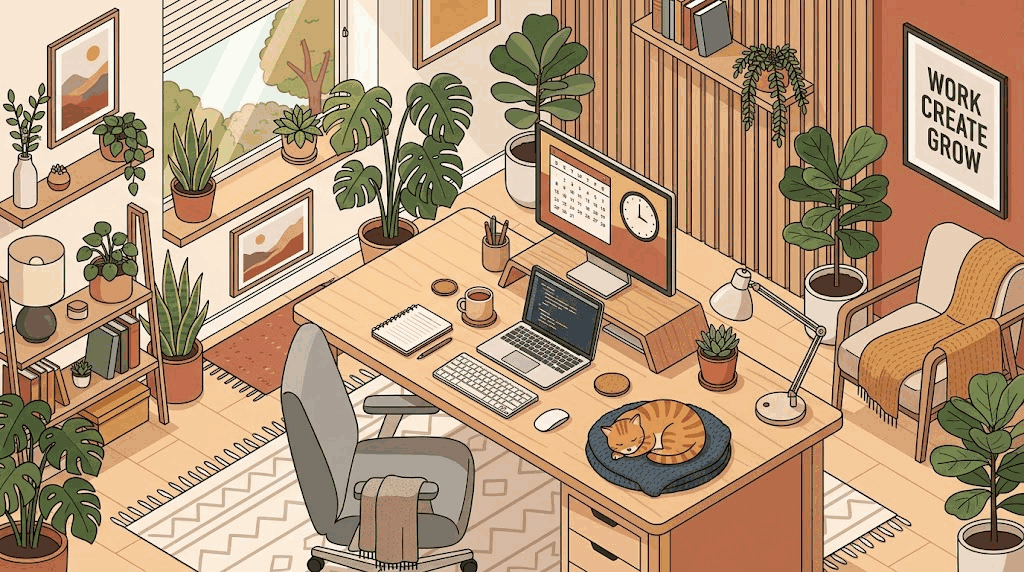 Flat isometric illustration of a cozy home office with a cat sleeping on the desk